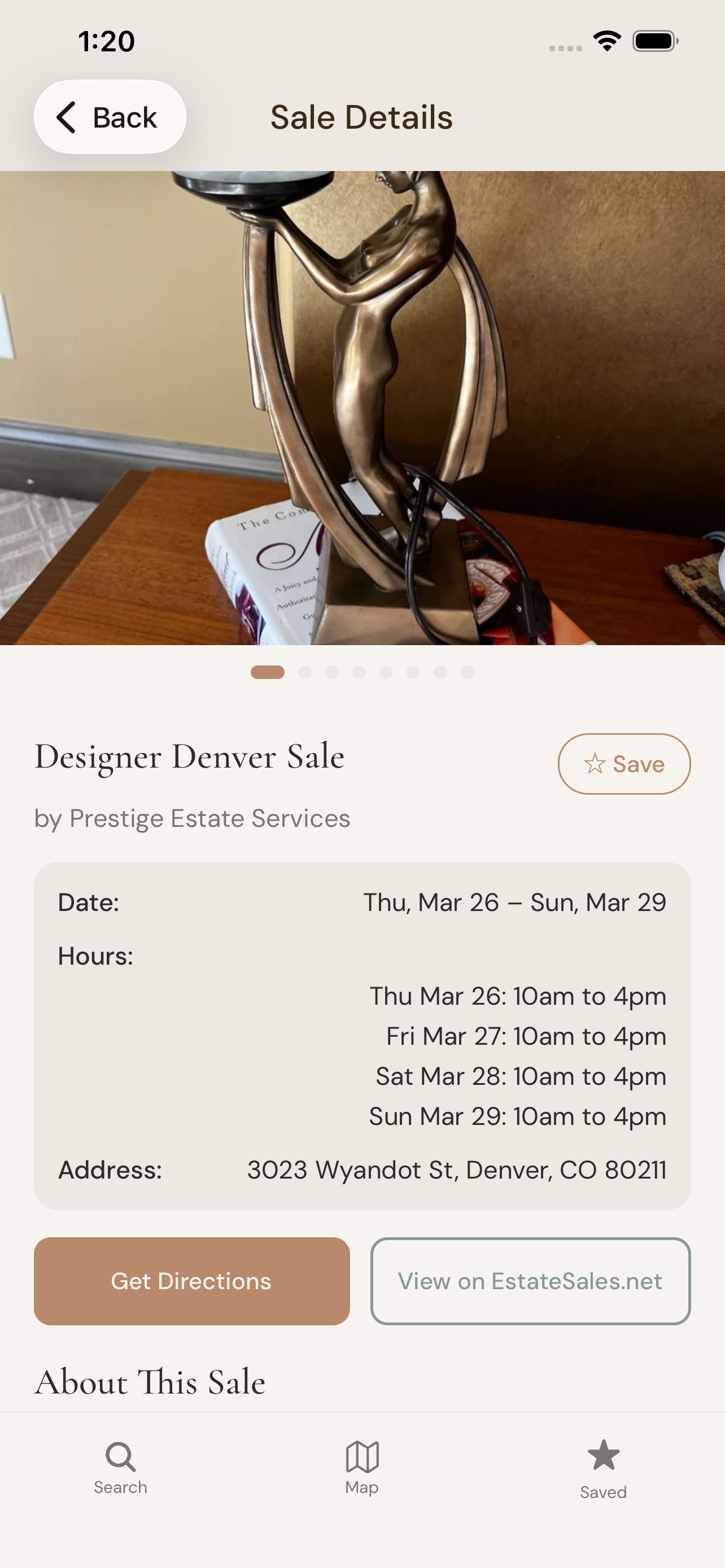 Sale detail page with directions button