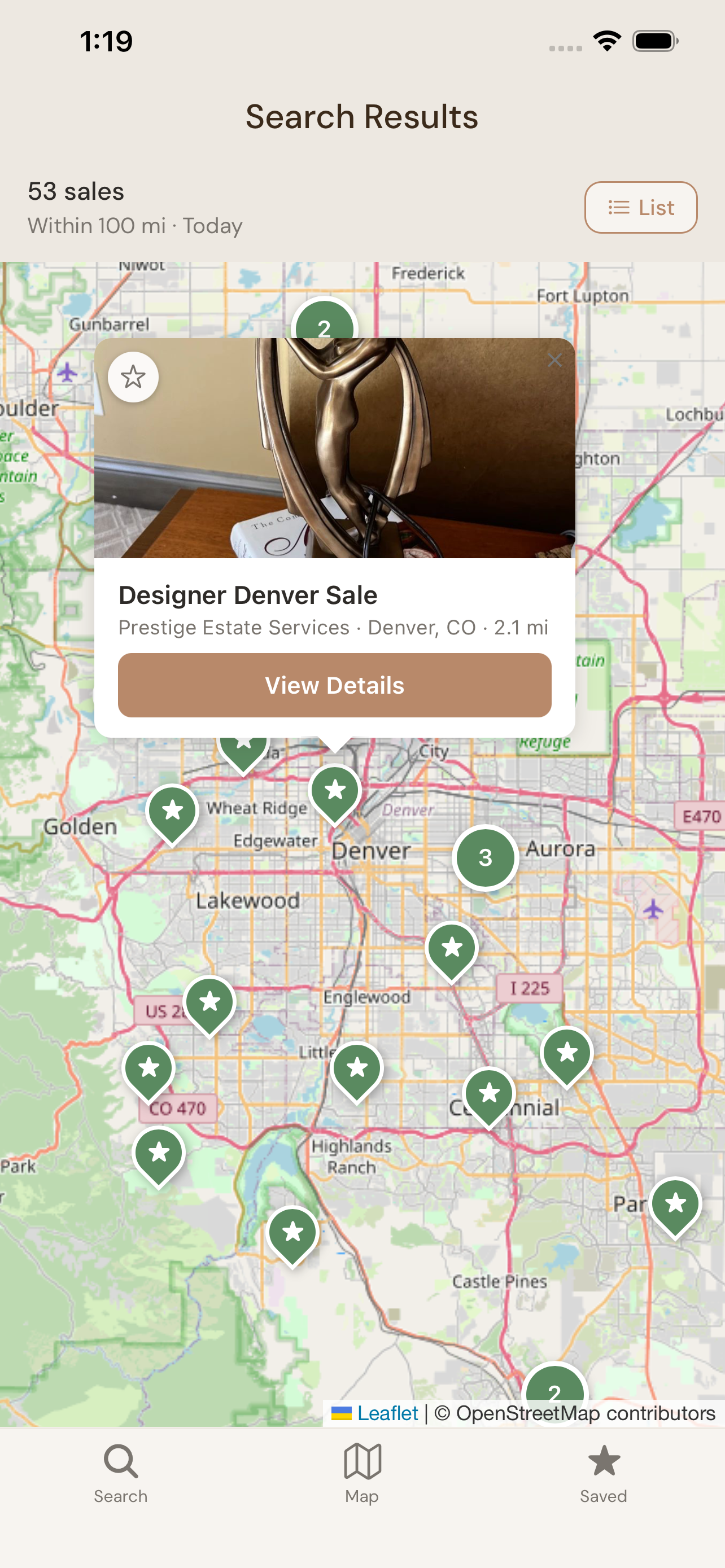 Map with sale preview popup