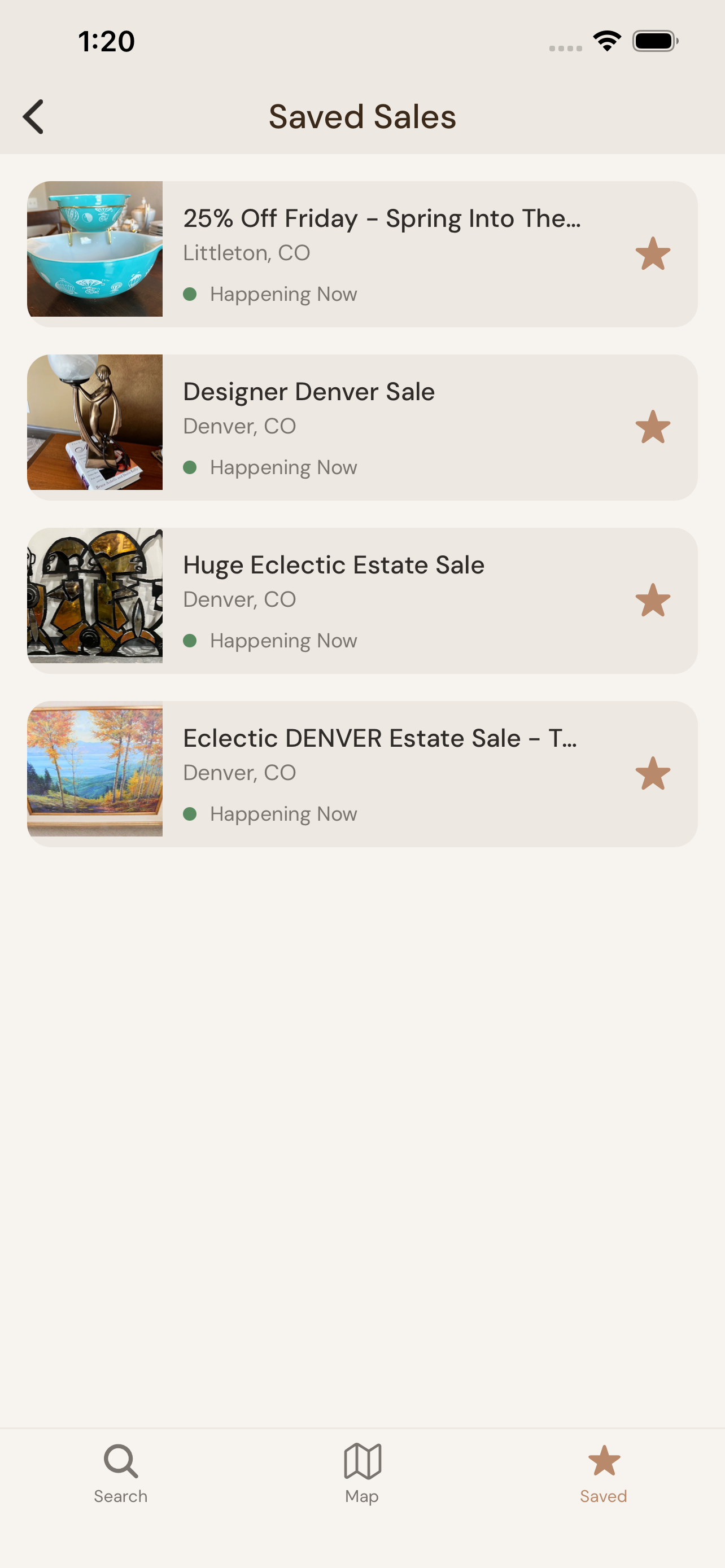 Saved sales list with photos and status